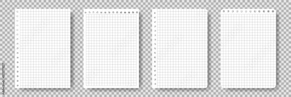 Poster set of checkered paper sheets from notepad. template white sheet for notes. notebook page for educat