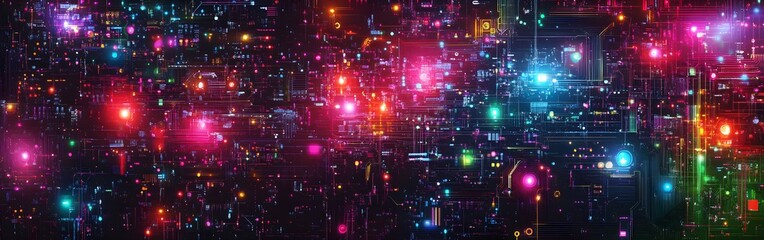 Naklejka premium A background of a digital circuit board with glowing lines and neon lights, representing the high-tech nature of AI technology