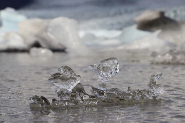 Ice formations are floating on top of frigid water with icebergs blurred in the background