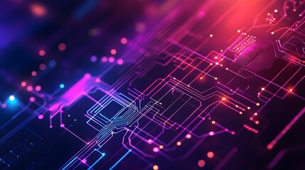 Fototapeta premium A background of a digital circuit board with glowing lines and neon lights, representing the high-tech nature of AI technology