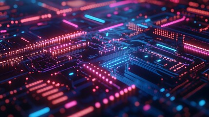 Fototapeta premium A background of a digital circuit board with glowing lines and neon lights, representing the high-tech nature of AI technology