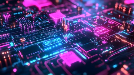 Fototapeta premium A background of a digital circuit board with glowing lines and neon lights, representing the high-tech nature of AI technology