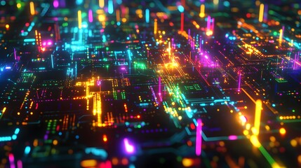 Obraz premium A background of a digital circuit board with glowing lines and neon lights, representing the high-tech nature of AI technology