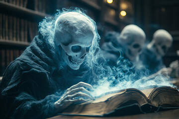 Skeleton with book. A group of skeletons reading ancient, dusty books in a dimly lit, haunted library, with ghostly spirits hovering above and cobwebs hanging from the shelves.