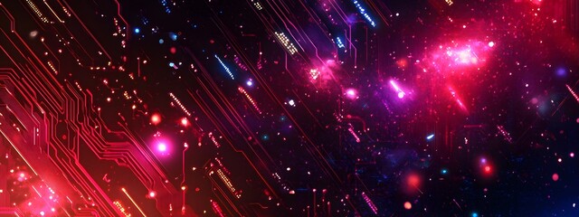 Fototapeta premium A background of a digital circuit board with glowing lines and neon lights, representing the high-tech nature of AI technology