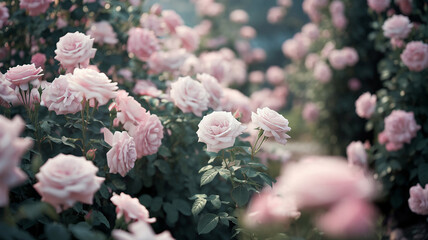 Pink Roses Garden with Soft Focus Background, Generative AI
