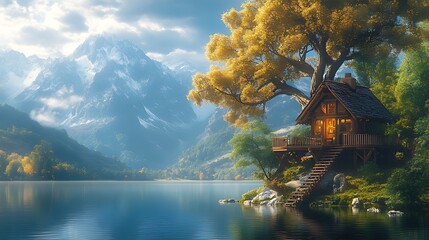 Fototapeta premium A cozy treehouse with a wooden deck overlooking a tranquil lake with snow-capped mountains in the background.