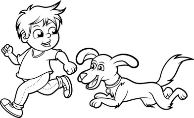 Niño corriendo junto con su perro, ilustracion vectorial sin color, en blanco y negro, arte lineal, pagina para colorear.