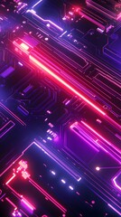 Obraz premium A background of a digital circuit board with glowing lines and neon lights, representing the high-tech nature of AI technology