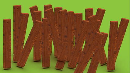 Wooden planks arranged dynamically, tilted and crossed on a bright green background. Natural wood grain is highlighted, creating contrast and depth.