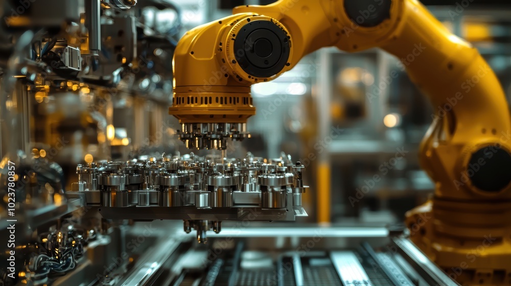 Poster Robotic Arm Assembling Products in High-Tech Factory for Industrial Automation