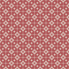 Abstract seamless geometric floral pattern with four leaf clovers on red tiled texture. Vector illustration for tiles, home decor, wrapping paper, postcard and wallpaper.