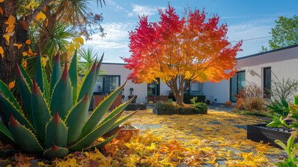 Autumn Garden with Vibrant Tree and Succulent in Residential Courtyard, Generative Ai