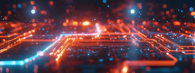 Fototapeta premium A background of a digital circuit board with glowing lines and neon lights, representing the high-tech nature of AI technology