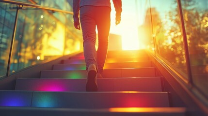 A person walking up a staircase with bright symbolizing the journey toward progress, achievement, and personal growth with rainbow pride flag colors for an LGBTQ DEI theme
