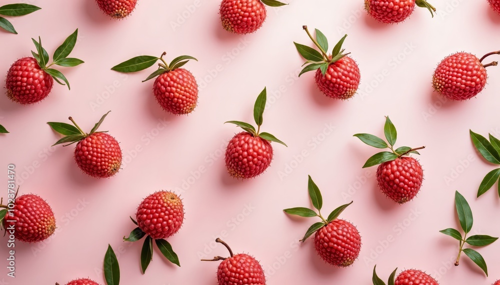 Poster seamless pattern of red lychee fruits with green leaves on a pink background for textiles and graphi