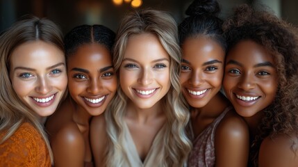 Fototapeta premium A group of five diverse multicultural happy women smiling together, representing friendship, unity, diversity in DEI using inclusivity to build human connections