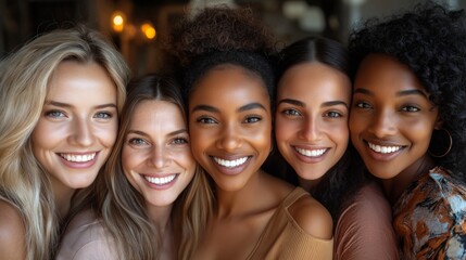 Fototapeta premium A group of five diverse multicultural happy women smiling together, representing friendship, unity, diversity in DEI using inclusivity to build human connections