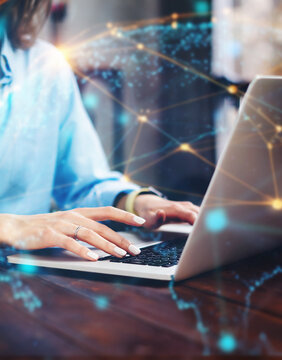 Woman working on laptop. Freelancer at remote work. Female student learning on-line via computer. Global networking