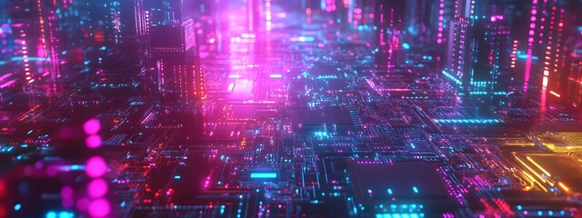Obraz premium A background of a digital circuit board with glowing lines and neon lights, representing the high-tech nature of AI technology