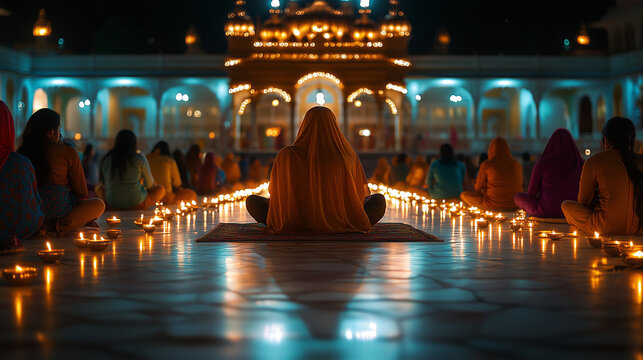 Night view of Gurdwara during Guru Nanak Jayanti, twinkling lamps adorn the temple, Sikh devotees sit on the floor praying, candles are lit around the temple grounds, Ai generated images