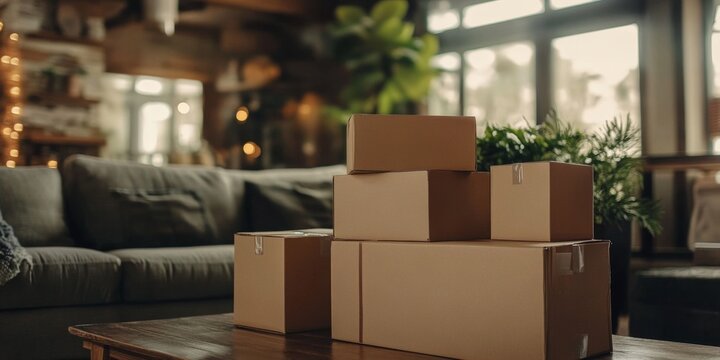 A vintage living room filled with stacked cardboard boxes.