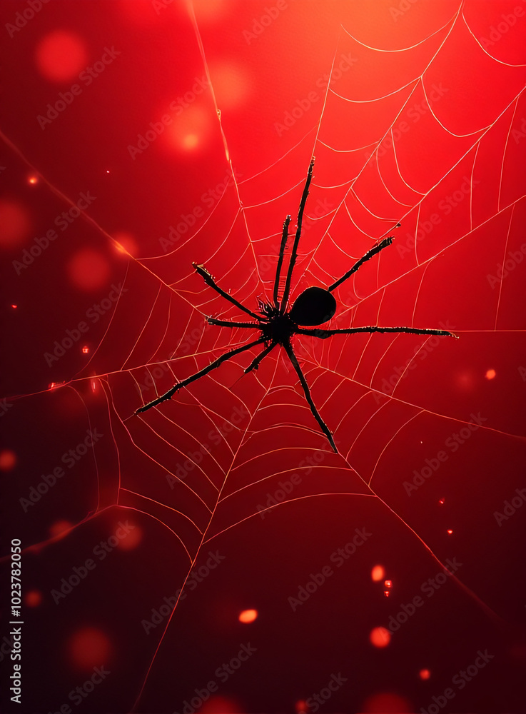 Poster a delicate spider web delicately crafted against a vibrant red backdrop, rendered in crisp vector li