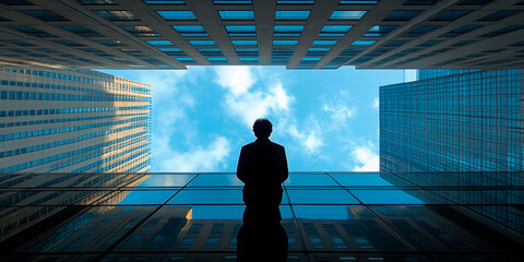 Obraz premium Rear view of a confident businessman in a suit standing between modern skyscrapers, looking up at the skyline. Represents business ambition, leadership, real estate development, and corporate growth
