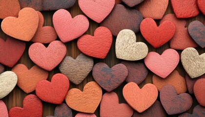 Obraz premium Wooden Hearts Background. Colorful Valentines Day Pattern. Romantic Texture, Top View