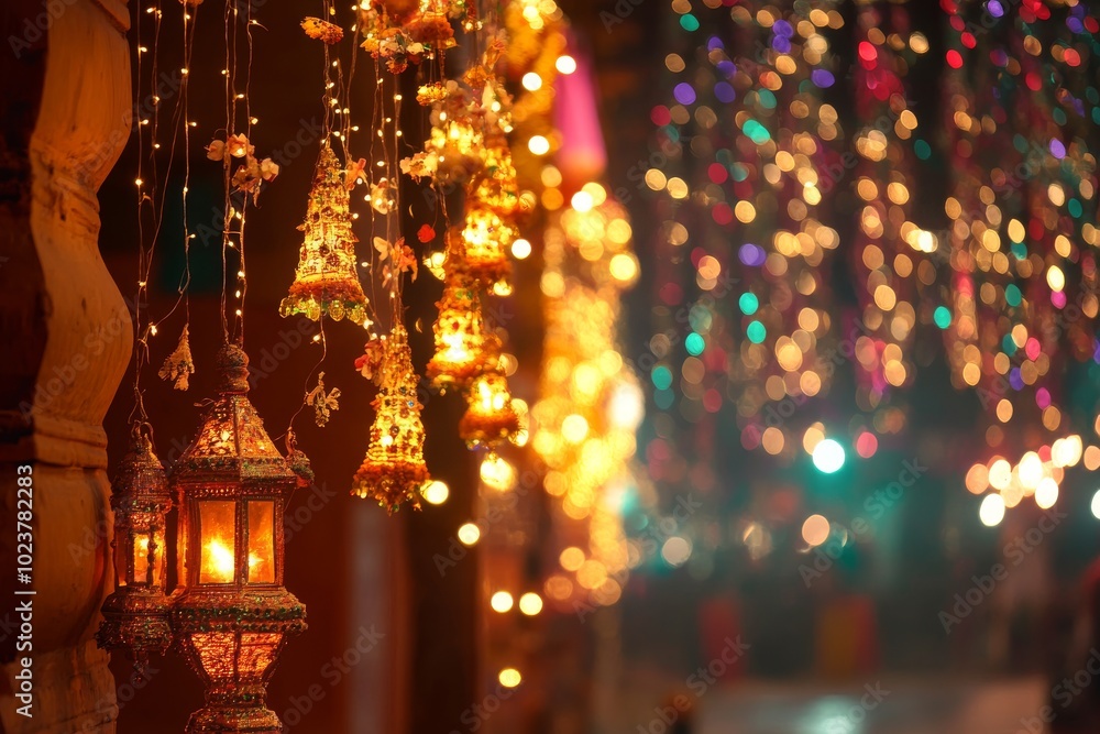 Poster a colorful display of lights and lanterns hanging from the ceiling. the lights are arranged in a way