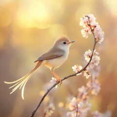 A graceful bird perched delicately on a blossoming branch. The soft colors and serene background create a peaceful ambiance. Perfect for nature lovers and art enthusiasts. AI