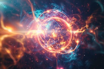 Obraz premium Futuristic space orb with colorful energy particles.