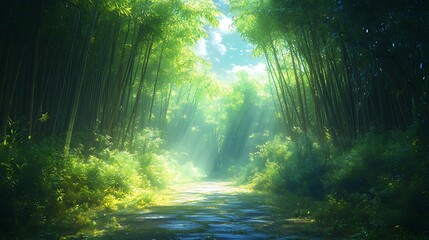 Obraz premium A stone path winds through a lush bamboo forest, with sunlight streaming through the canopy.