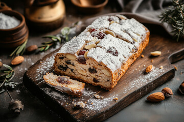 Traditional German Stollen with powdered sugar candied fruit and almonds on a rustic wooden board