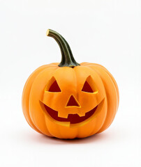A carved Halloween jack o lantern pumpkin sits solo against a pristine white backdrop._00001_