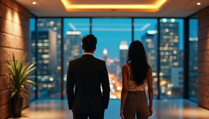 Fototapeta premium Young Asian Couple Enjoying a Night View of a City Skyline Together