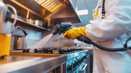 A worker in protective gear cleans a cooking stove with a steam cleaner in a restaurant