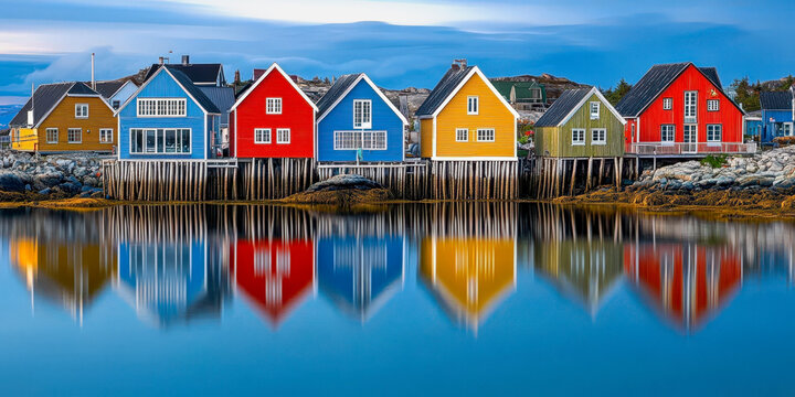 Colorful waterfront houses with reflection