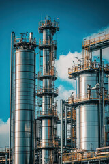 Fototapeta premium Industrial towers reaching for a bright blue sky over a modern chemical processing facility