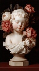 Angelic Floral Bust A Captivating Ceramic Cherub Amidst Opulent Blooms and Lush Foliage