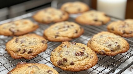 Fototapeta premium Freshly Baked Chocolate Chip Cookies on Cooling Rack