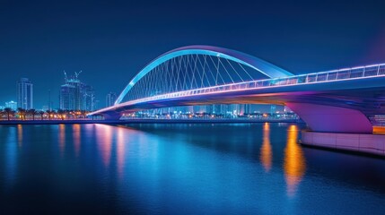 Fototapeta premium A modern bridge illuminated with blue and pink lights at night, reflecting in the calm water of a canal with the city skyline in the background.