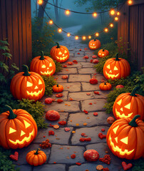 A vibrant Halloween celebration is brought to life in this top down illustration featuring jack o' lanterns, treats._00002_