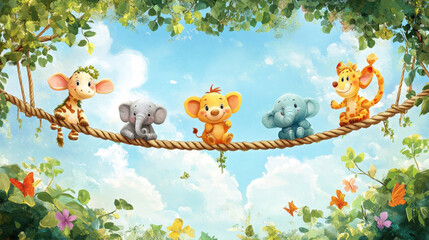A whimsical gathering of joyful forest animals on a rope bridge against a vibrant blue sky