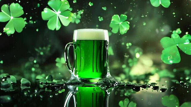 Green Beer with Shamrocks and Bokeh in Festive Celebration Video