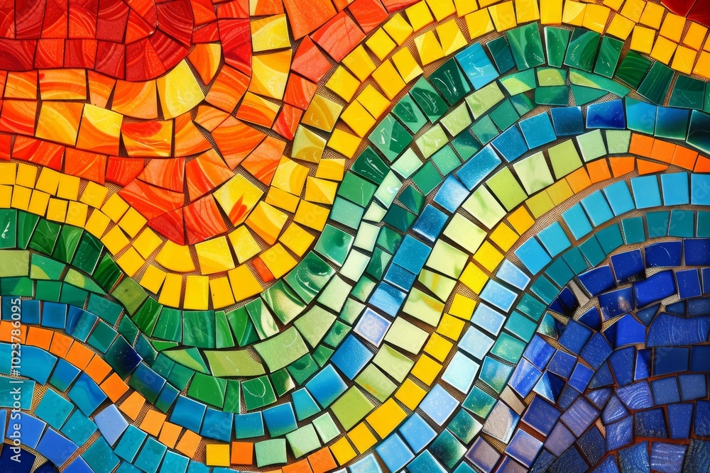 Poster a colorful mosaic tile pattern with a rainbow design. the tiles are arranged in a way that creates a