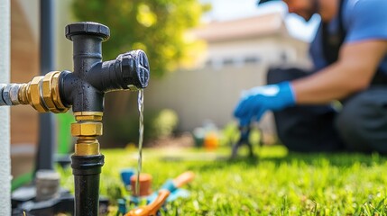 A plumber works diligently on irrigation repairs as water drips from the garden faucet