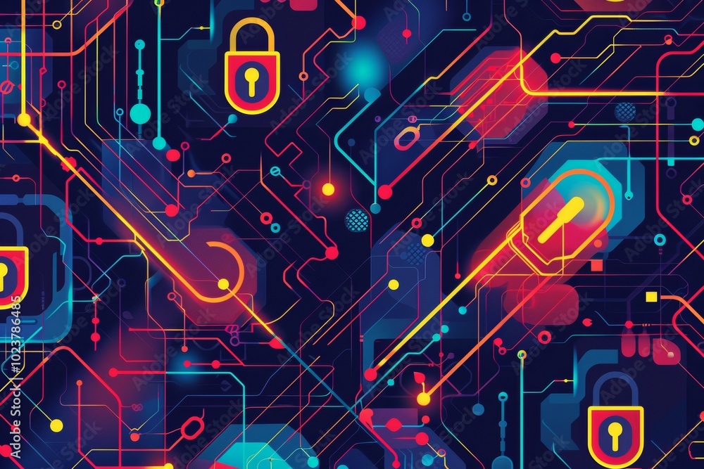 Poster colorful pattern with abstract cyber security elements.