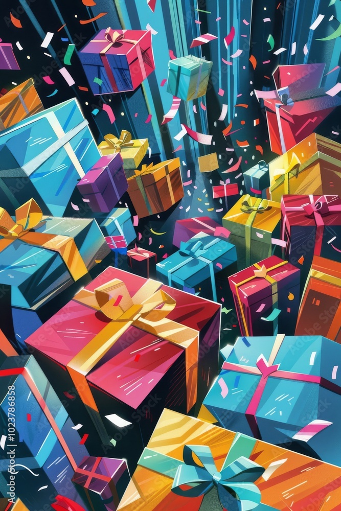 Poster a colorful image of many boxes with ribbons and confetti