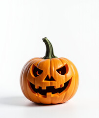 A lone, eerie jack o' lantern sits on a pristine white backdrop, its twisted face and glowing eyes captivating the attention._00001_
